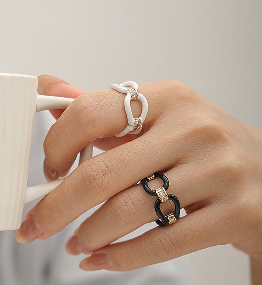 Black and White Knot Ring - Crystal Nexus